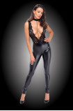 Catsuit F298 Deep-V with Collar and Pearl Noir Handmade Black | Intimitis.ro