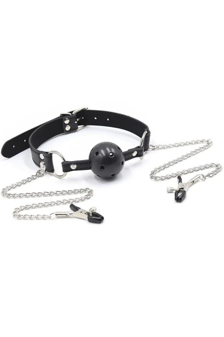 OHMAMA FETISH - BALL GAG WITH VENTS AND NIPPLE CLAMPS D-230067 | Intimitis.ro