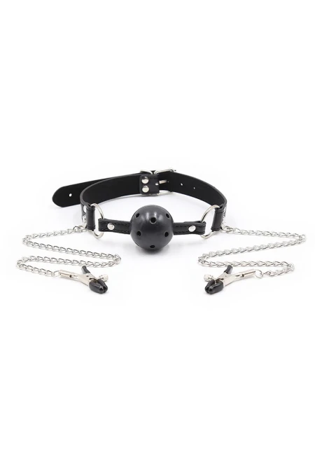 OHMAMA FETISH - BALL GAG WITH VENTS AND NIPPLE CLAMPS D-230067 | Intimitis.ro