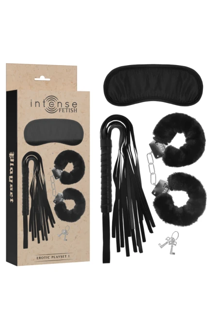 INTENSE FETISH - EROTIC PLAYSET 1 WITH HANDCUFFS, BLIND MASK AND FLOGGER D-236017 | Intimitis.ro