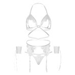 LEG AVENUE SET CUATRO PIEZAS SUJETADOR, LIGUERO, TANGA Y PUÑOS TALLA UNICA - NEGRO - imagine 5