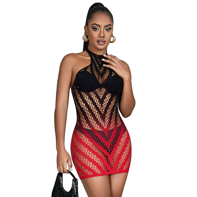 img_185088_d10352e65490d2c7e78d47e67e3d3cfc_1.jpg SUBBLIME - 952242 RED AND BLACK DEGRADED ELASTIC FISHNET DRESS ONE SIZE - imagine 1