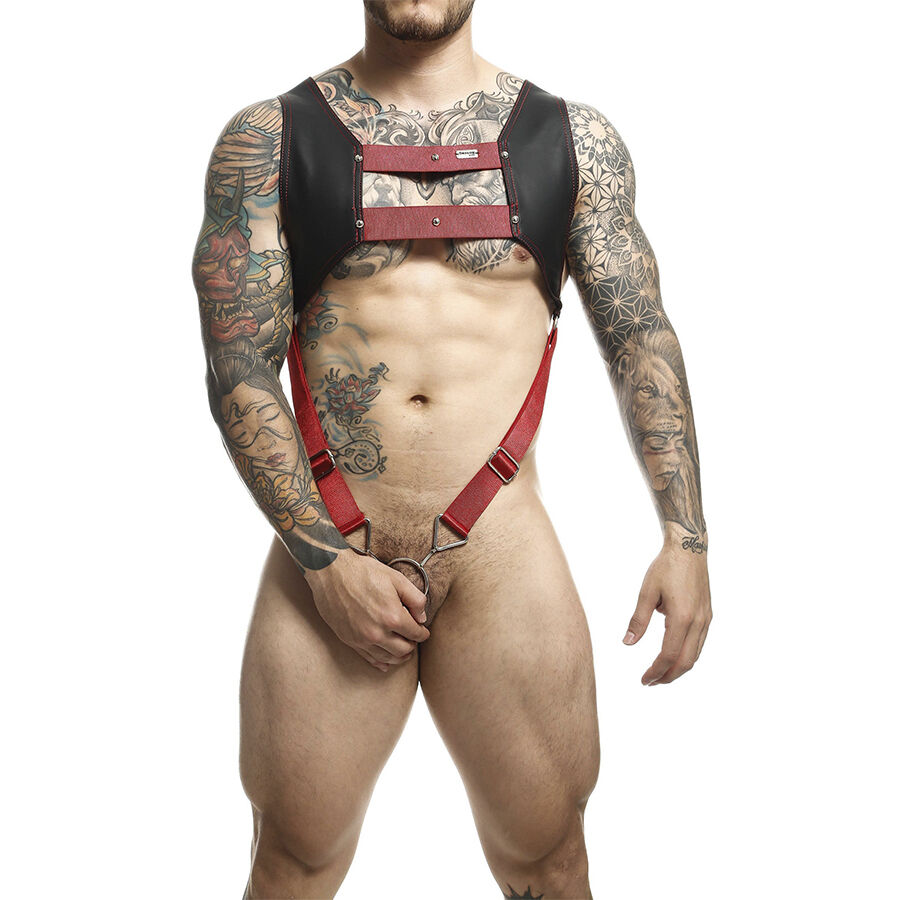 img_206859_e320aace6e768f32c5124c09c2487acf_1.jpg MOB - DNGEON HARNESS WITH RED PENIS RING ONE SIZE - imagine 1