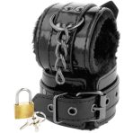DARKNESS - ADJUSTABLE BLACK LEATHER ANKLE HANDCUFFS WITH PADLOCK - imagine 3
